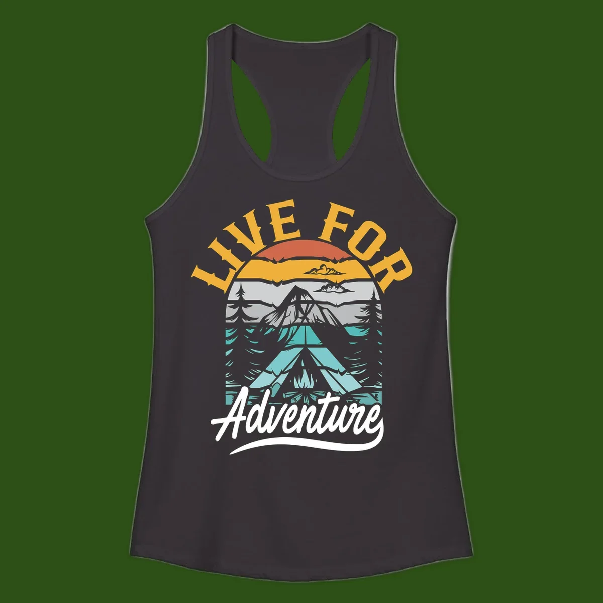 Live for adventure mountain landscape design with layered peaks, camping tent, forests, and golden sun rays.