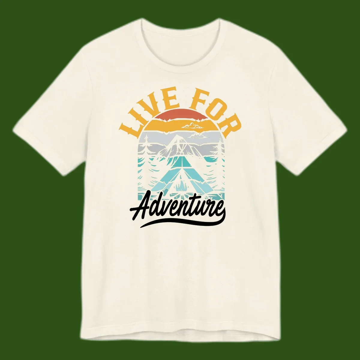 Live for adventure mountain landscape design with layered peaks, camping tent, forests, and golden sun rays.