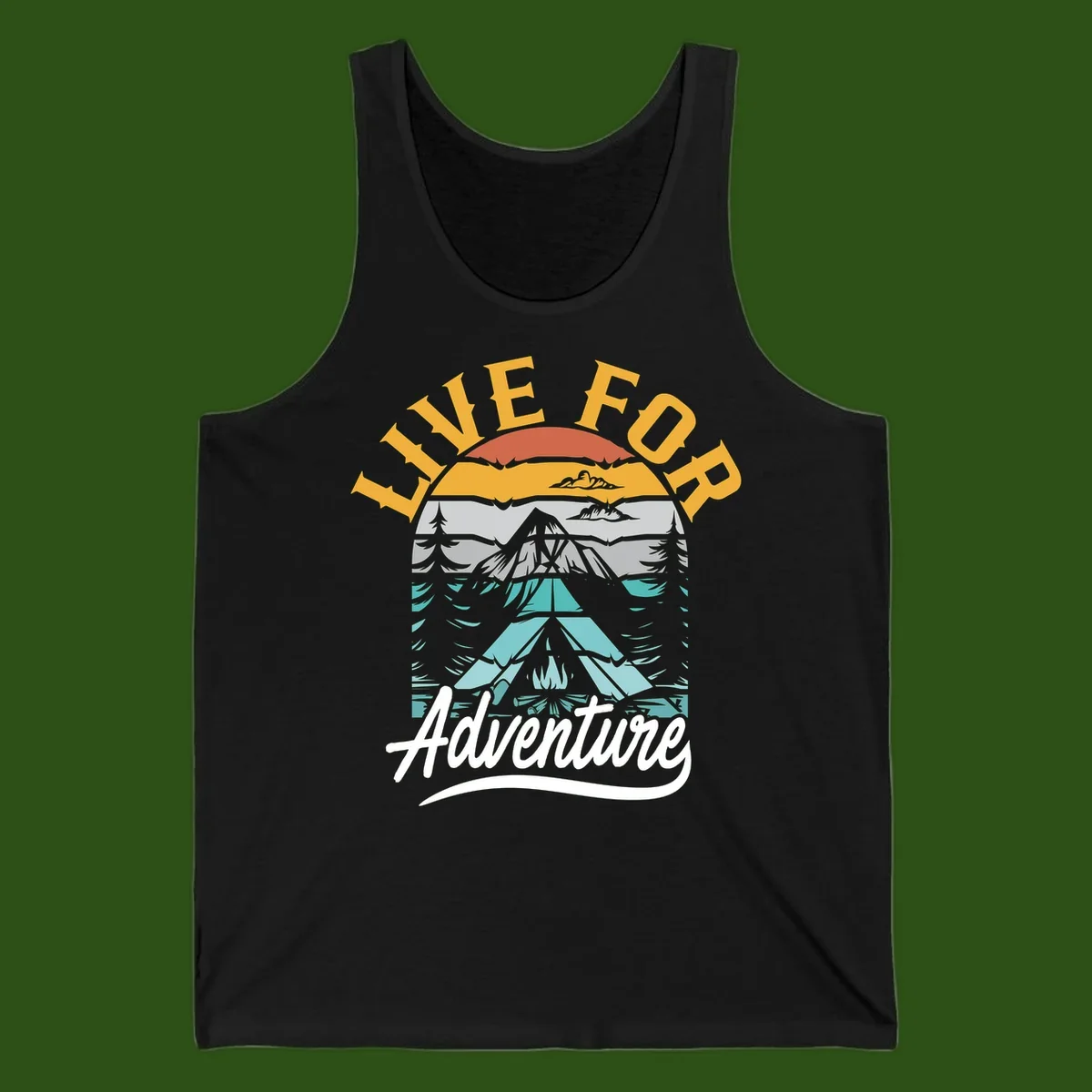 Live for adventure mountain landscape design with layered peaks, camping tent, forests, and golden sun rays.