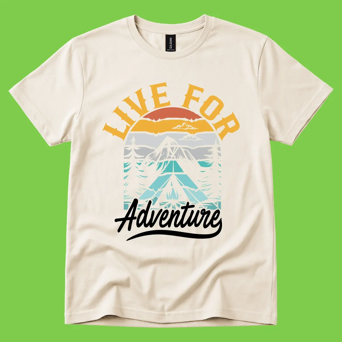 Live for adventure mountain landscape design with layered peaks, camping tent, forests, and golden sun rays.