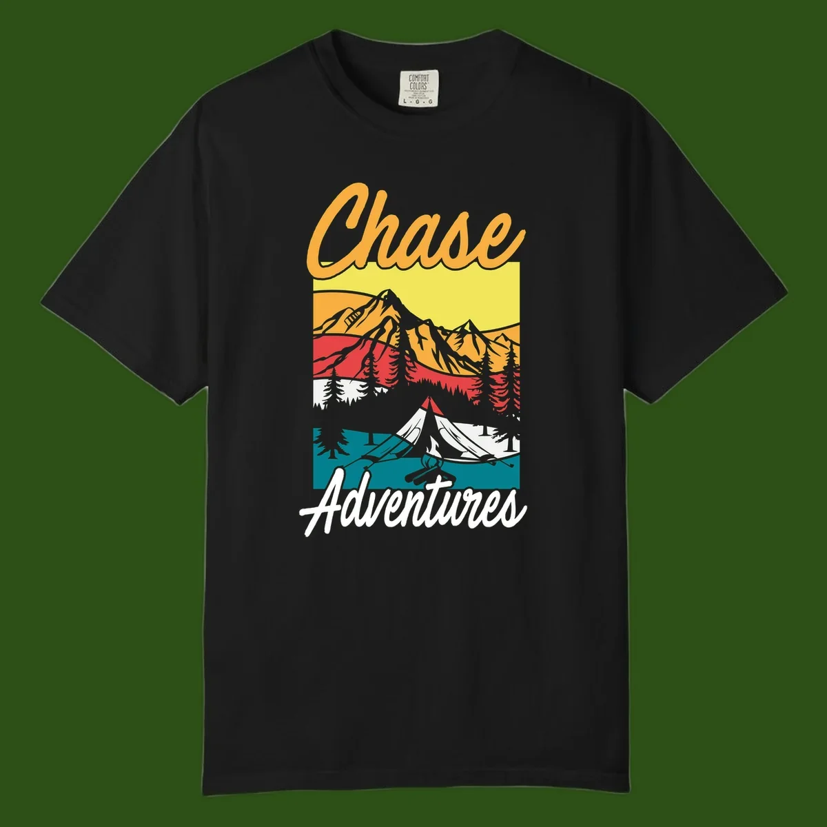 Retro-style chase adventures camping design with layered mountains, tent, campfire, and pine trees in warm oranges and cool teals.
