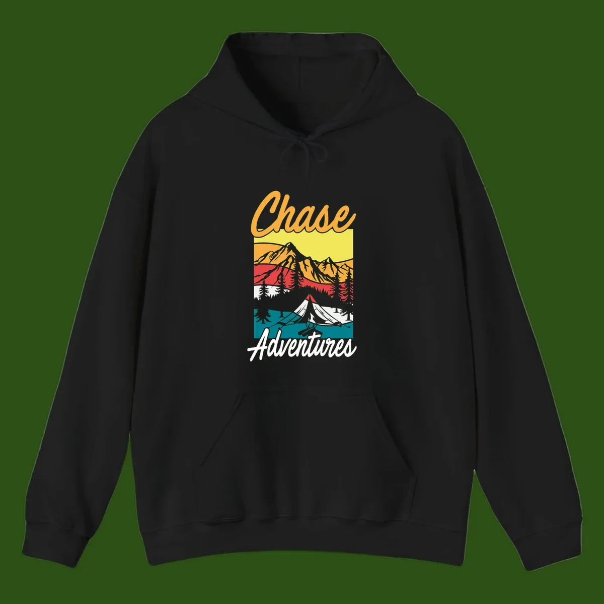 Retro-style chase adventures camping design with layered mountains, tent, campfire, and pine trees in warm oranges and cool teals.