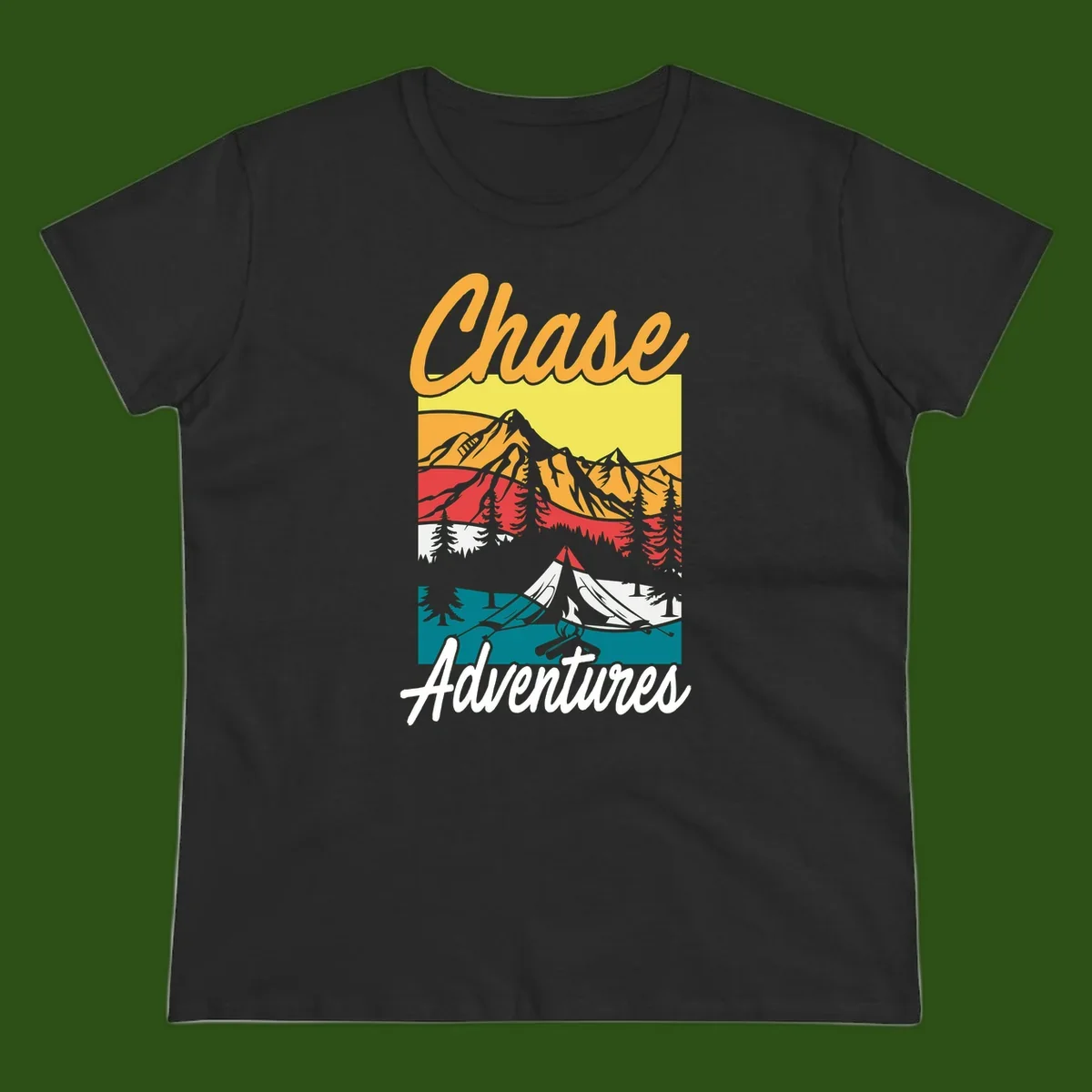 Retro-style chase adventures camping design with layered mountains, tent, campfire, and pine trees in warm oranges and cool teals.
