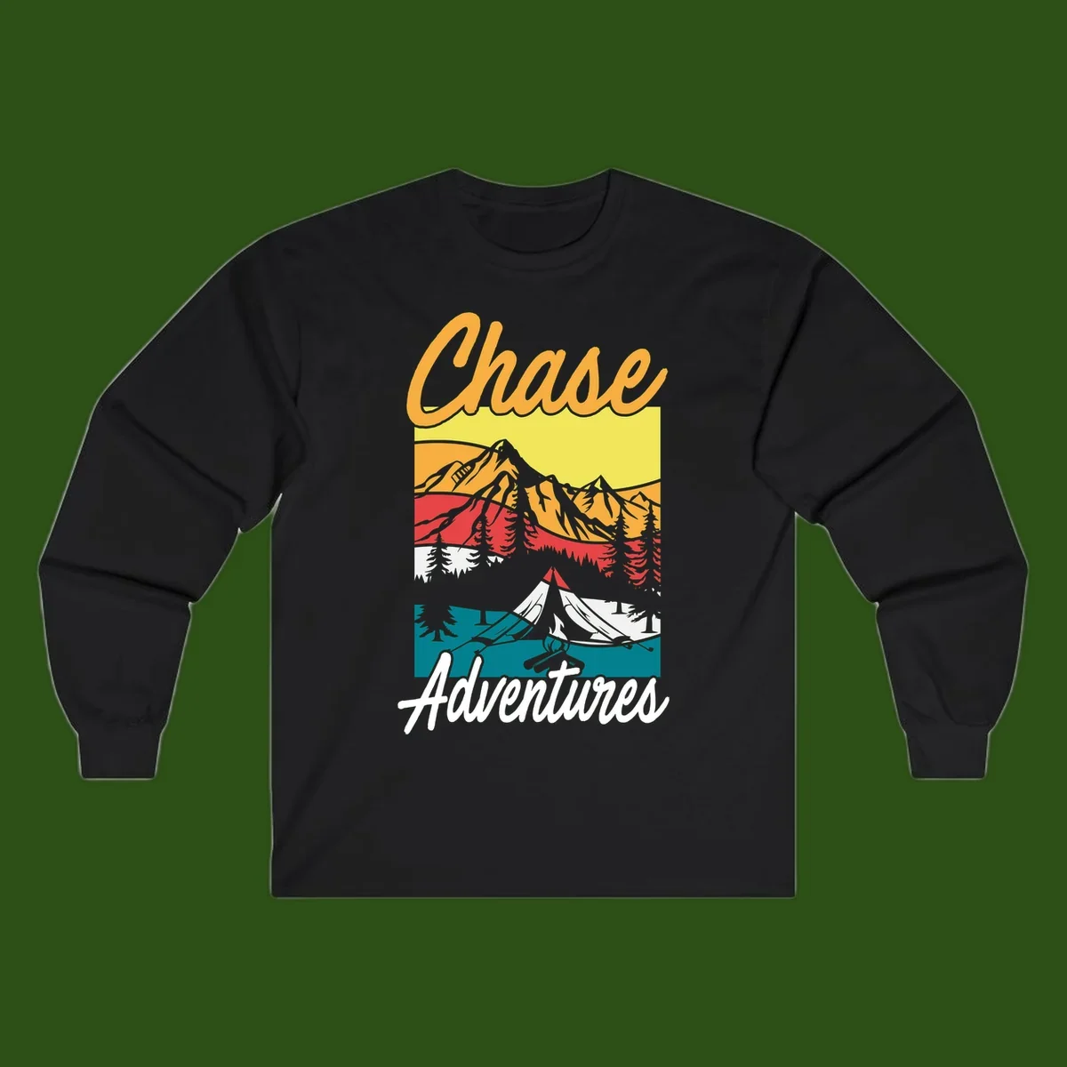 Retro-style chase adventures camping design with layered mountains, tent, campfire, and pine trees in warm oranges and cool teals.