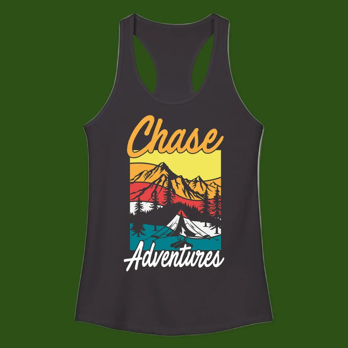Retro-style chase adventures camping design with layered mountains, tent, campfire, and pine trees in warm oranges and cool teals.