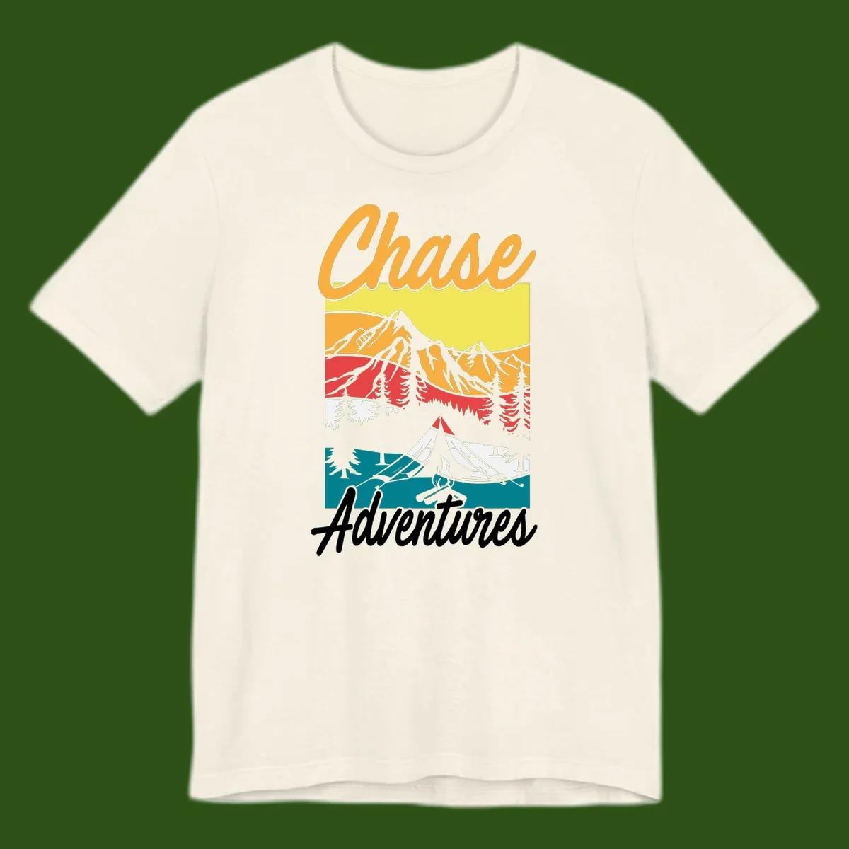 Retro-style chase adventures camping design with layered mountains, tent, campfire, and pine trees in warm oranges and cool teals.