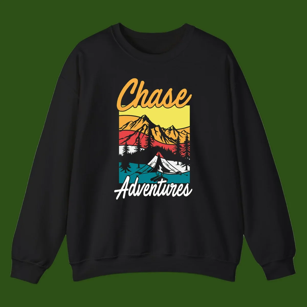 Retro-style chase adventures camping design with layered mountains, tent, campfire, and pine trees in warm oranges and cool teals.