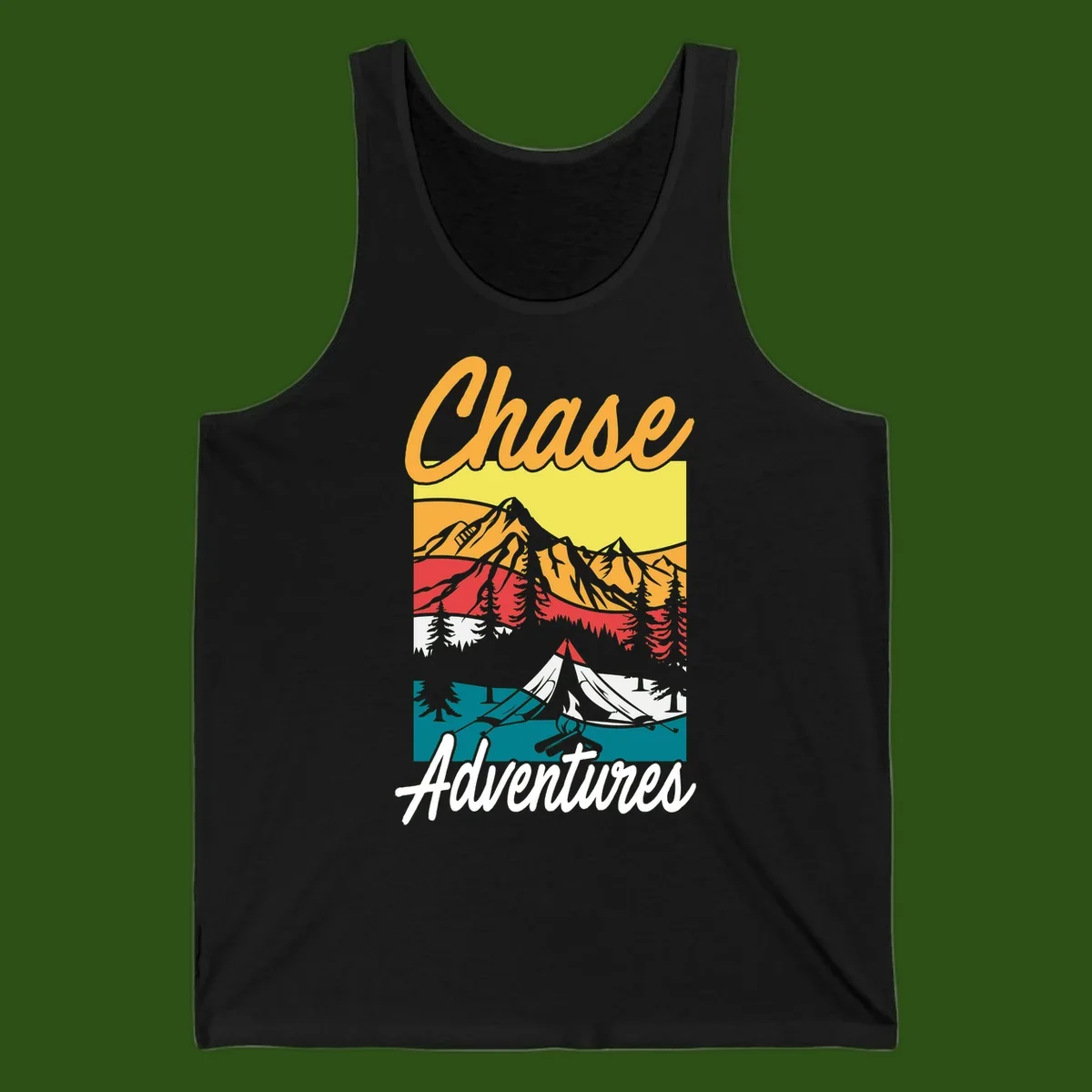 Retro-style chase adventures camping design with layered mountains, tent, campfire, and pine trees in warm oranges and cool teals.