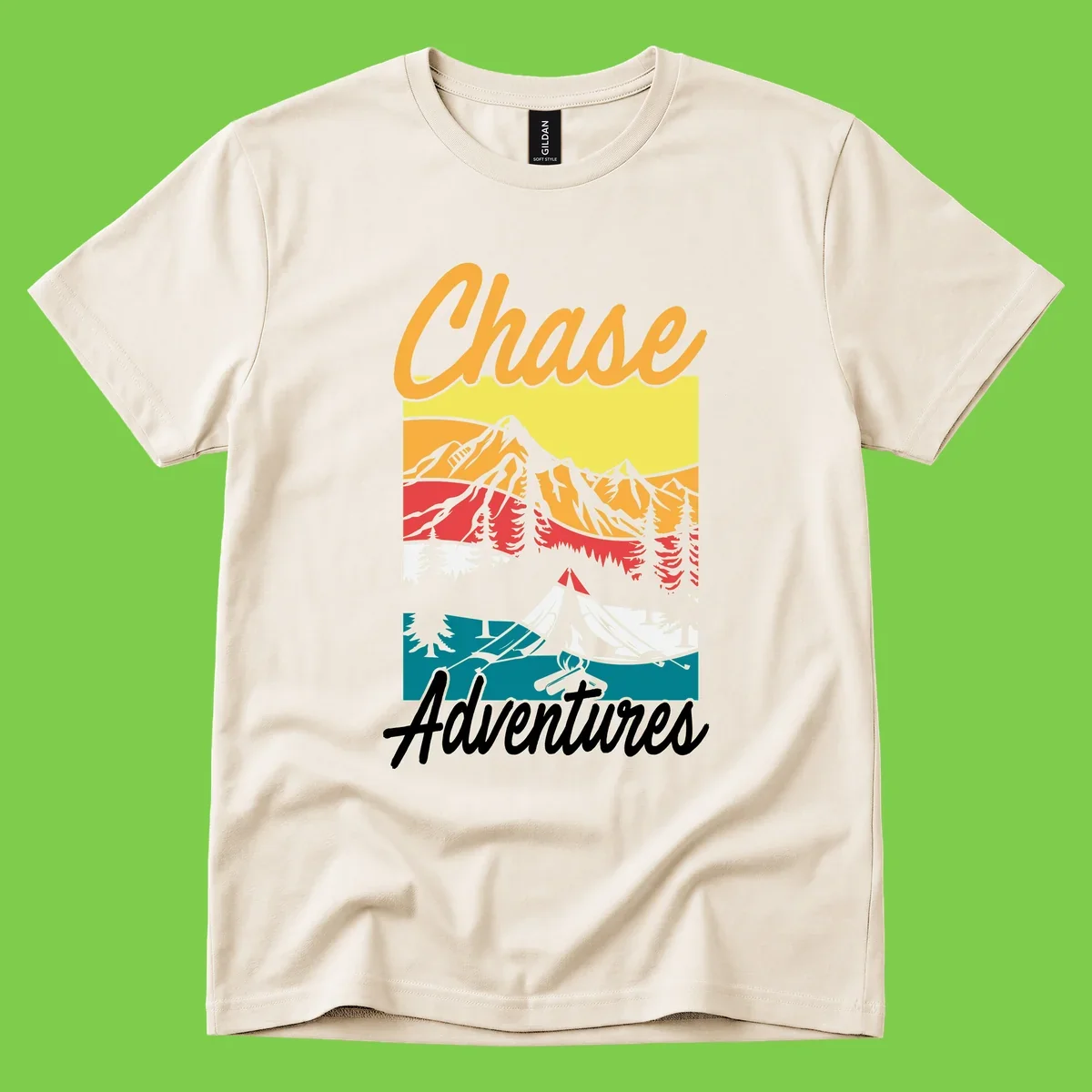 Retro-style chase adventures camping design with layered mountains, tent, campfire, and pine trees in warm oranges and cool teals.