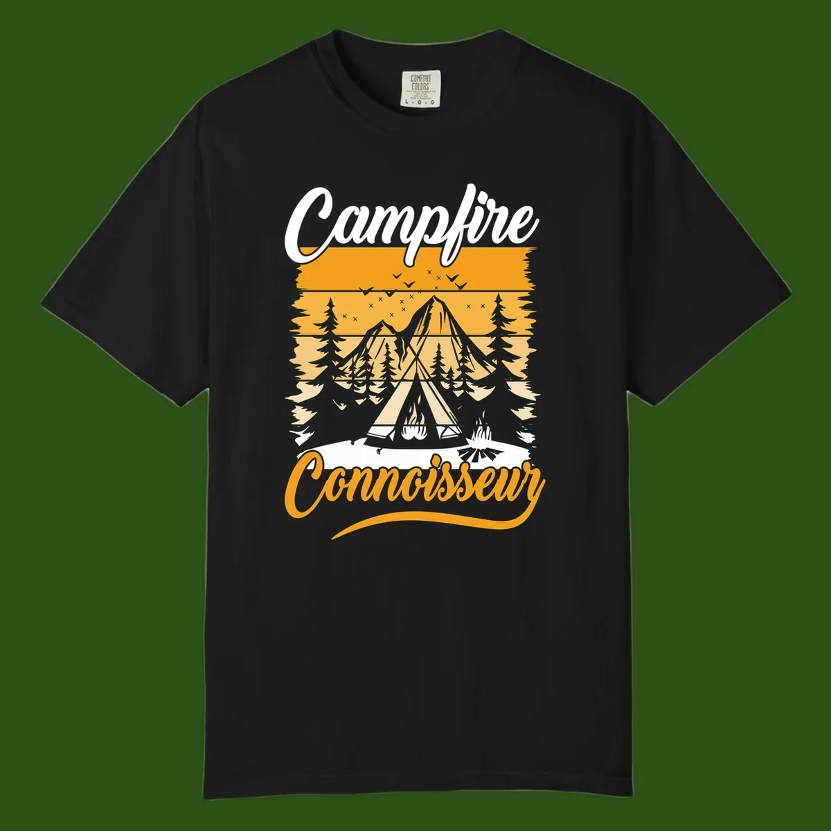 Campfire connoisseur design showing a tent with glowing fire, trees, and mountain under starry sky in warm golden tones