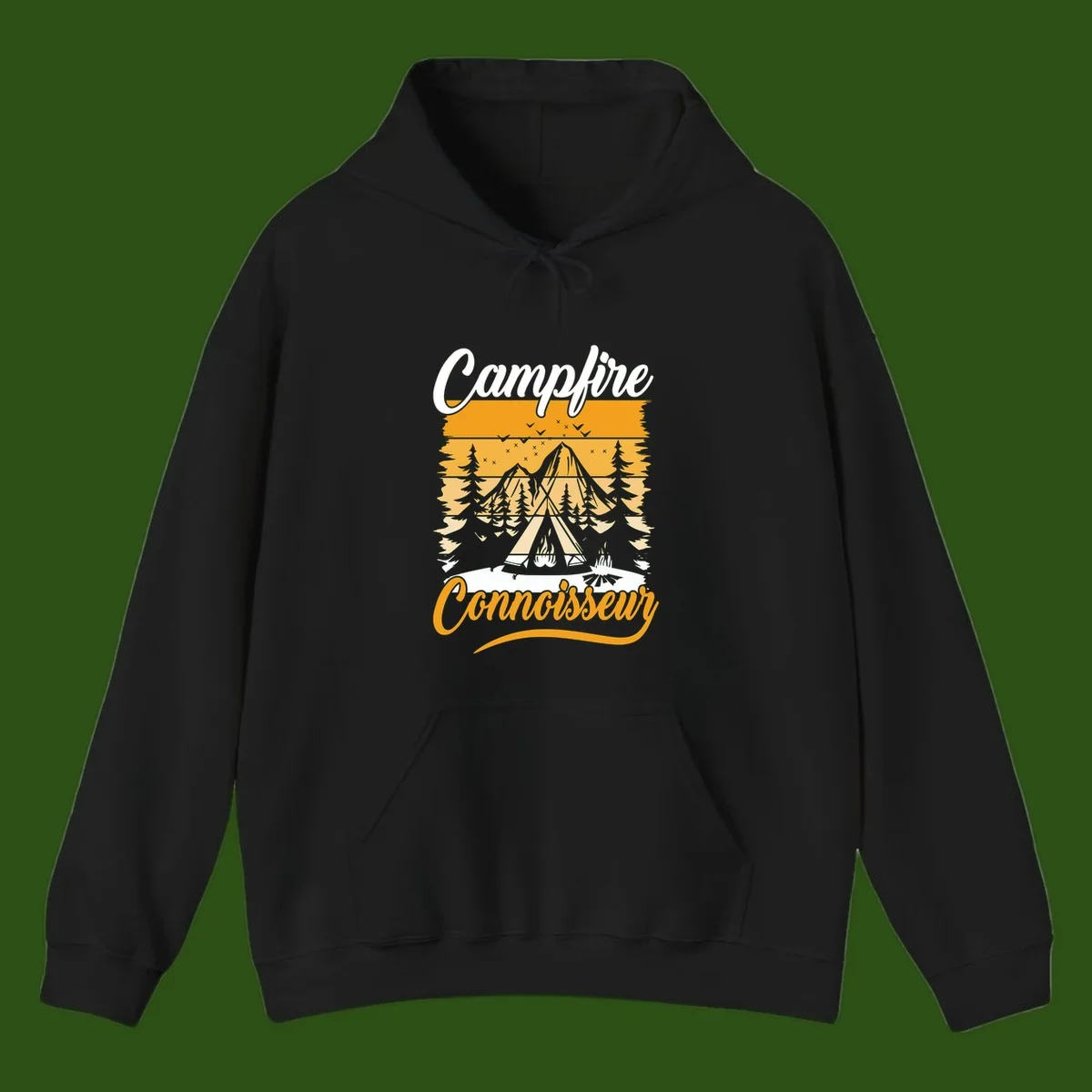 Campfire connoisseur design showing a tent with glowing fire, trees, and mountain under starry sky in warm golden tones