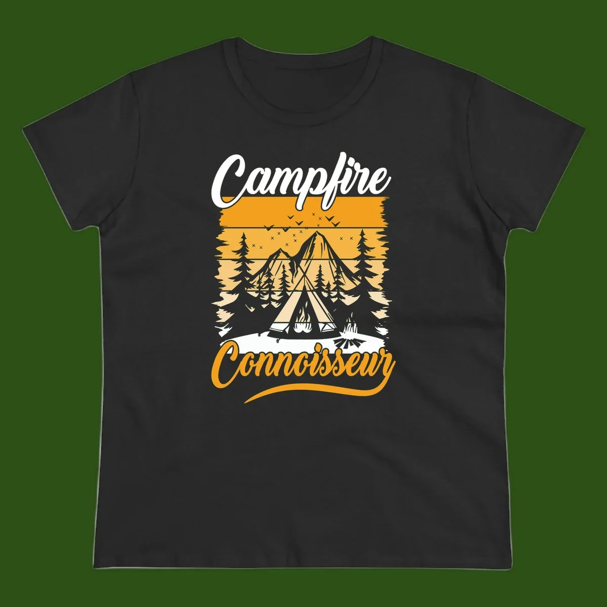 Campfire connoisseur design showing a tent with glowing fire, trees, and mountain under starry sky in warm golden tones