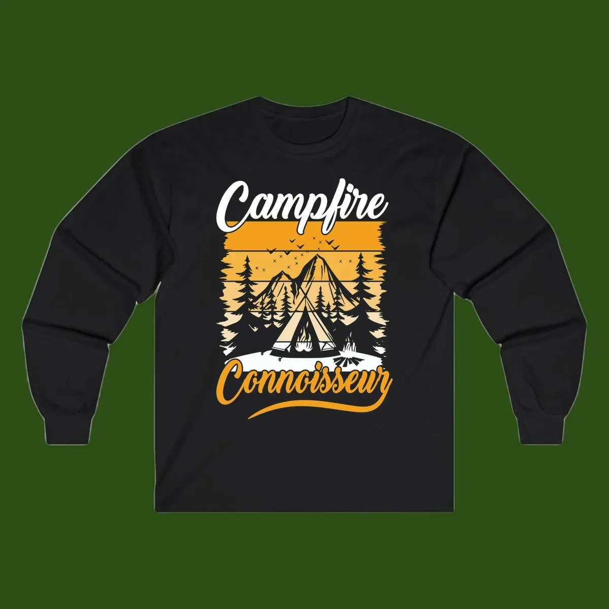 Campfire connoisseur design showing a tent with glowing fire, trees, and mountain under starry sky in warm golden tones