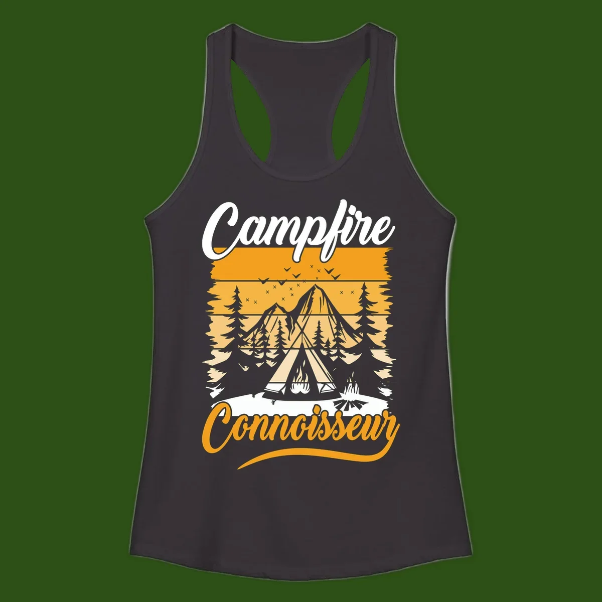 Campfire connoisseur design showing a tent with glowing fire, trees, and mountain under starry sky in warm golden tones