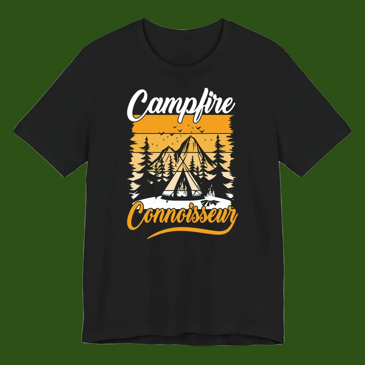 Campfire connoisseur design showing a tent with glowing fire, trees, and mountain under starry sky in warm golden tones