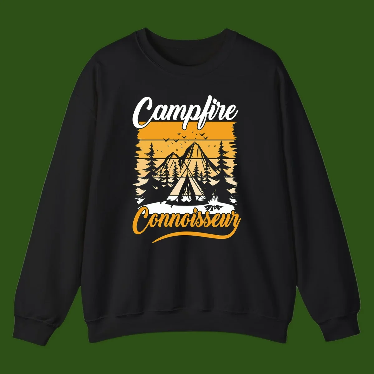 Campfire connoisseur design showing a tent with glowing fire, trees, and mountain under starry sky in warm golden tones