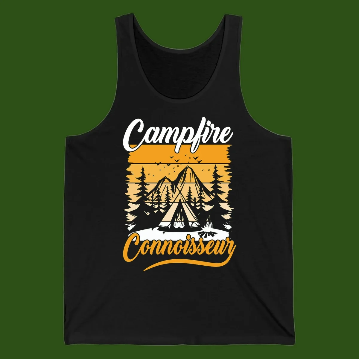 Campfire connoisseur design showing a tent with glowing fire, trees, and mountain under starry sky in warm golden tones