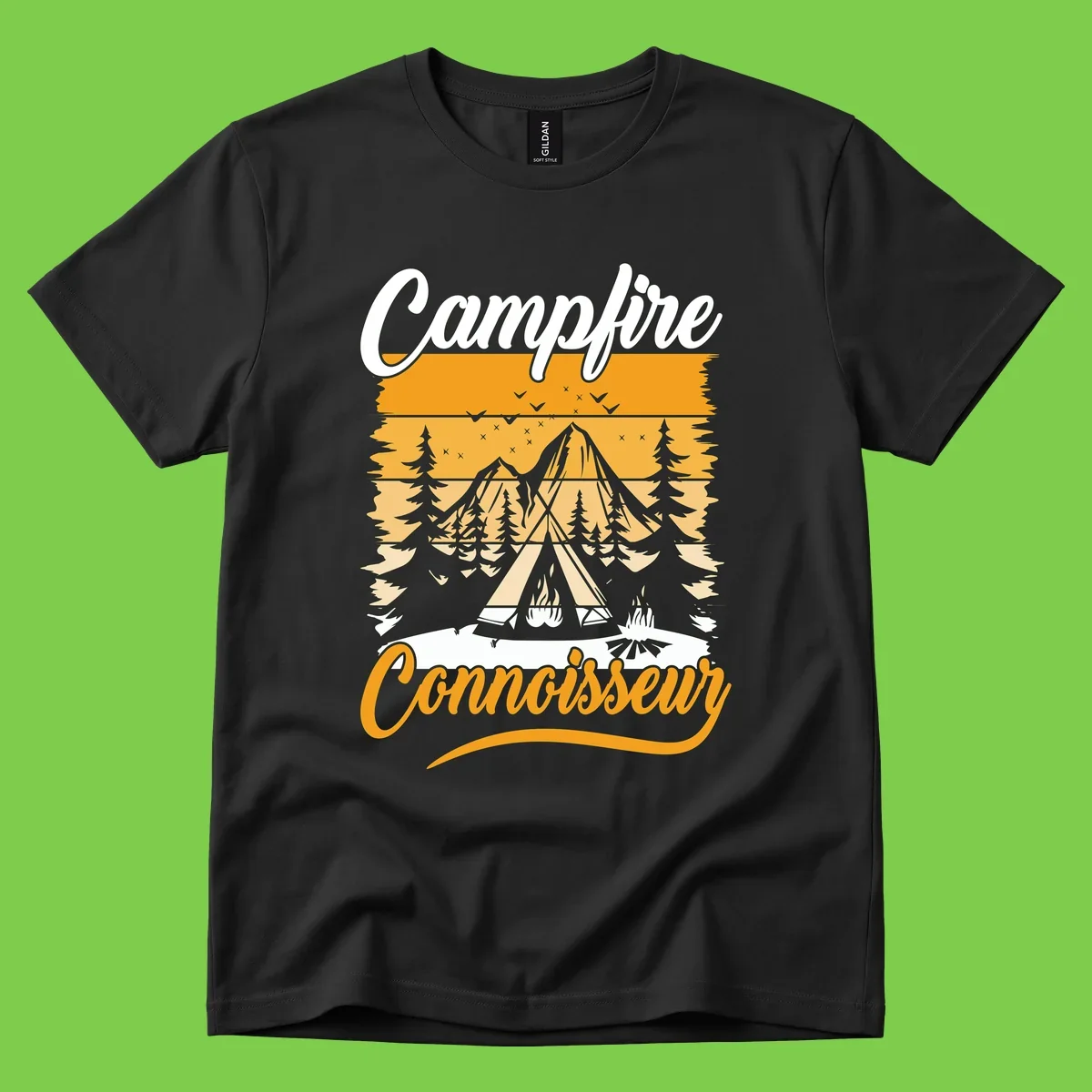 Campfire connoisseur design showing a tent with glowing fire, trees, and mountain under starry sky in warm golden tones