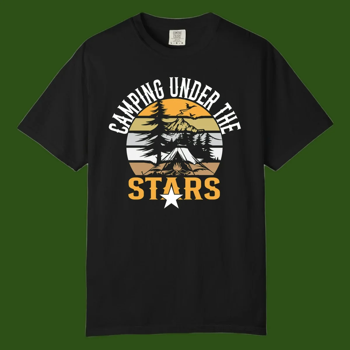 Circular camping badge design with tent, campfire, mountains, and forest under a golden sun, text reads 'Camping Under The Stars'