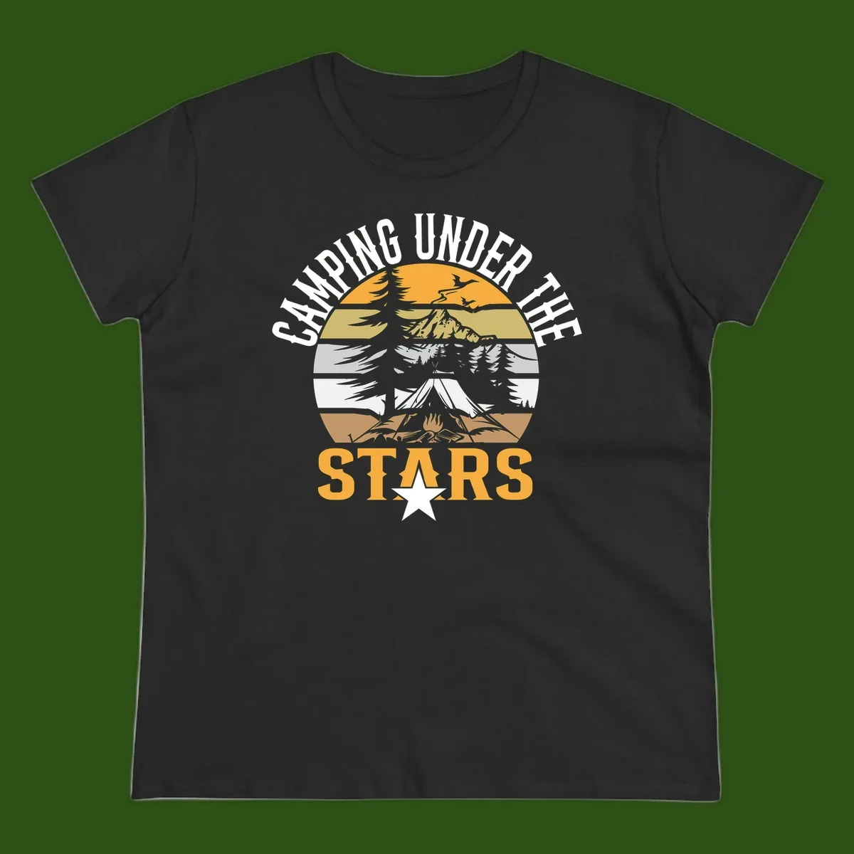 Circular camping badge design with tent, campfire, mountains, and forest under a golden sun, text reads 'Camping Under The Stars'