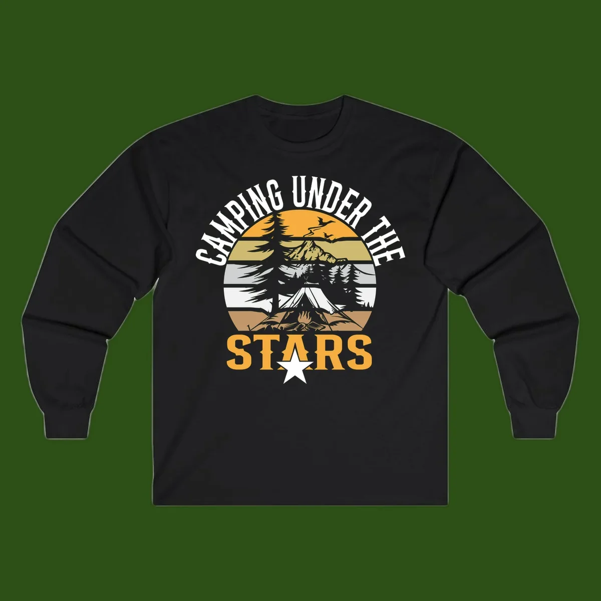 Circular camping badge design with tent, campfire, mountains, and forest under a golden sun, text reads 'Camping Under The Stars'
