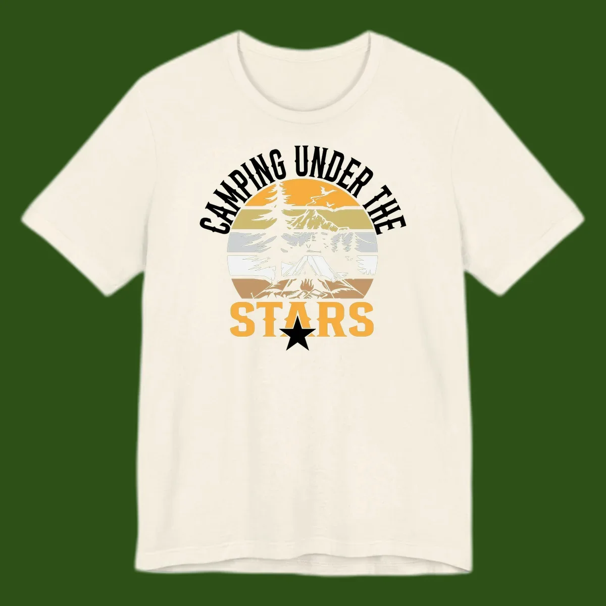 Circular camping badge design with tent, campfire, mountains, and forest under a golden sun, text reads 'Camping Under The Stars'