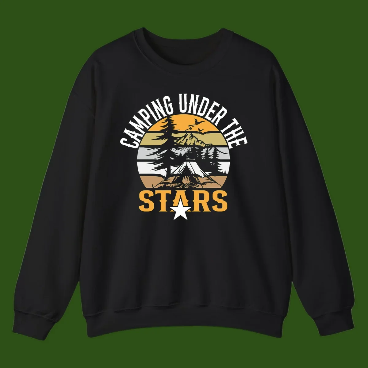 Circular camping badge design with tent, campfire, mountains, and forest under a golden sun, text reads 'Camping Under The Stars'
