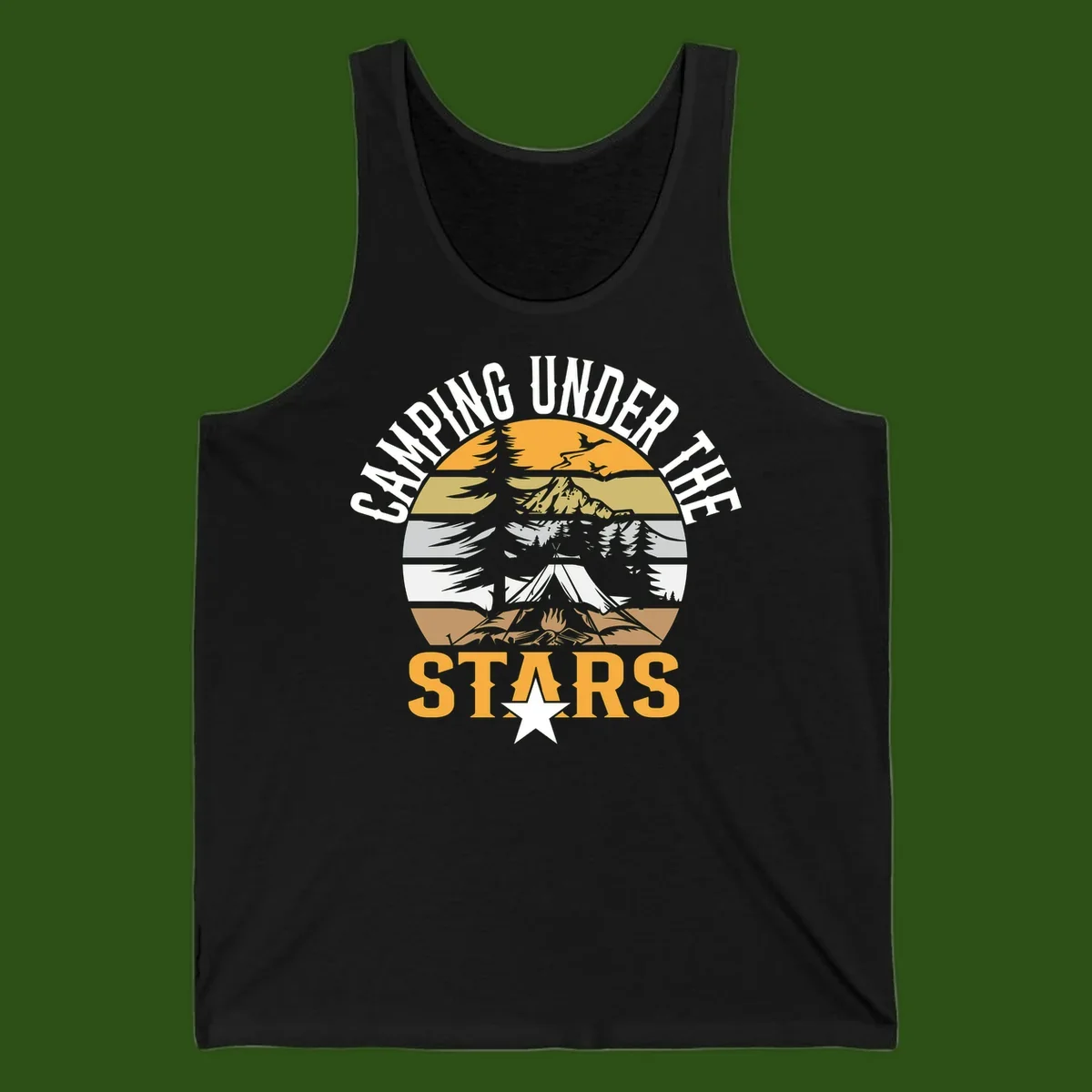 Circular camping badge design with tent, campfire, mountains, and forest under a golden sun, text reads 'Camping Under The Stars'