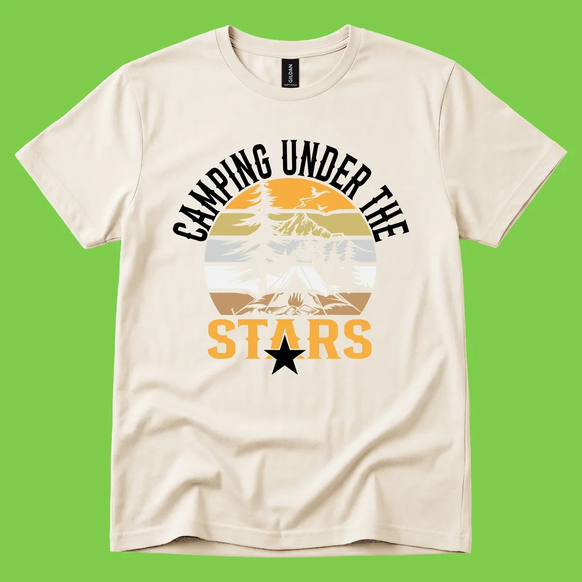Circular camping badge design with tent, campfire, mountains, and forest under a golden sun, text reads 'Camping Under The Stars'