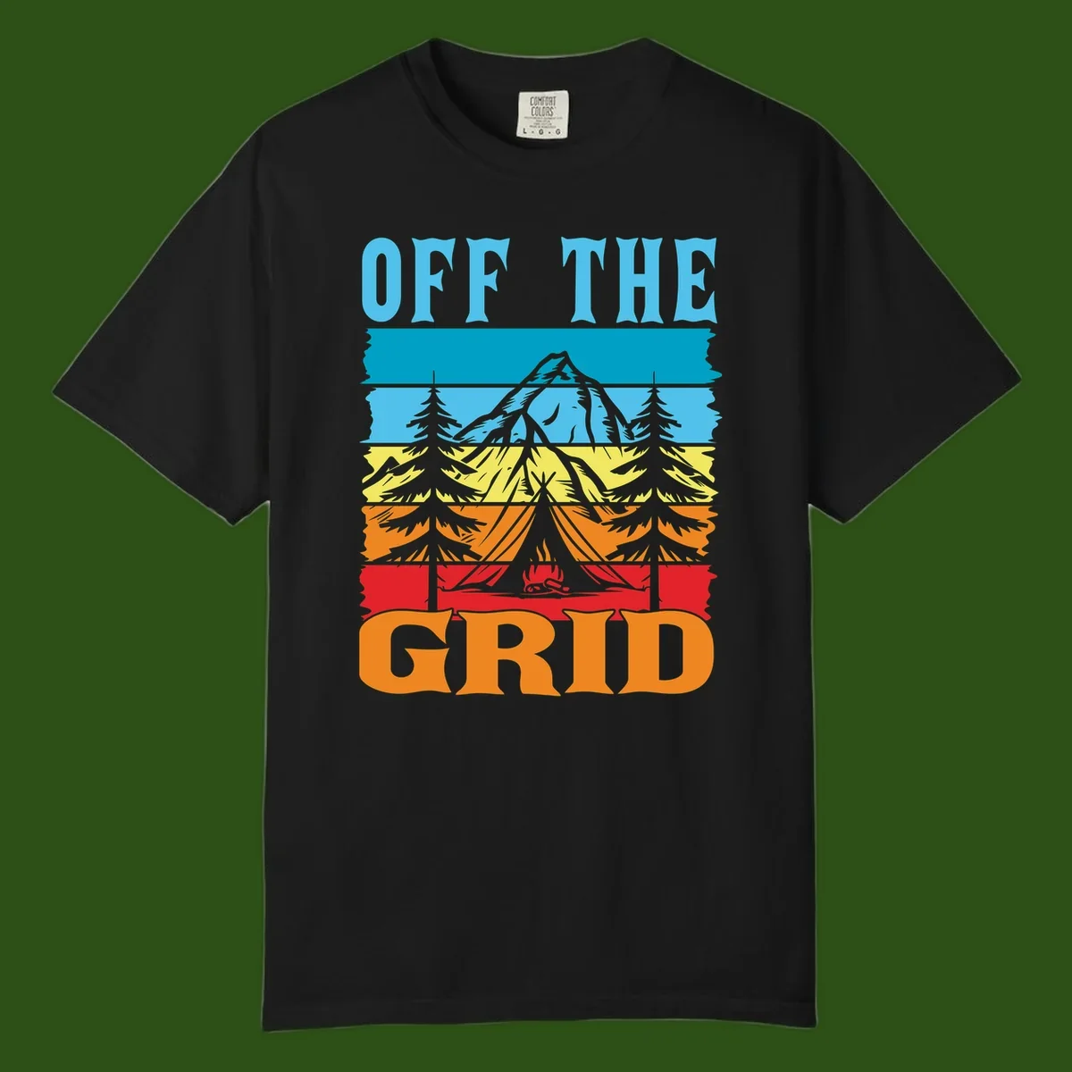 Colorful layered landscape illustration with tree, mountain, campfire, and roots design for off the grid camping shirt