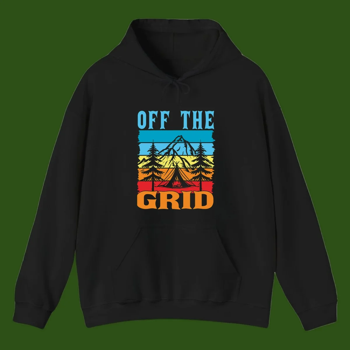 Colorful layered landscape illustration with tree, mountain, campfire, and roots design for off the grid camping shirt