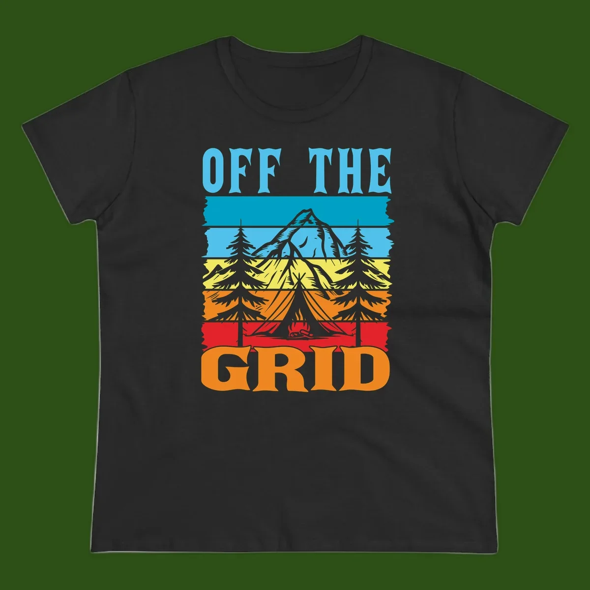 Colorful layered landscape illustration with tree, mountain, campfire, and roots design for off the grid camping shirt