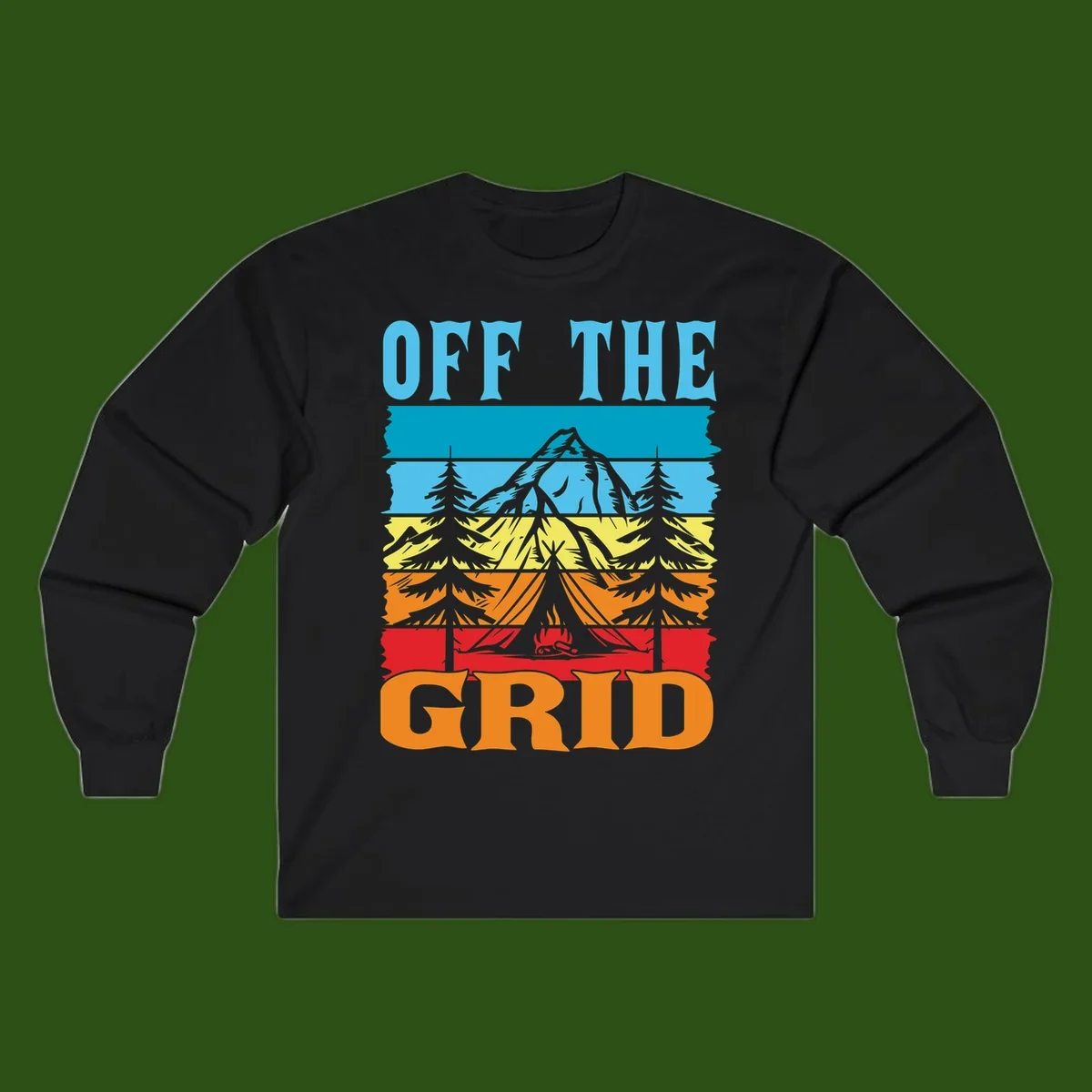 Colorful layered landscape illustration with tree, mountain, campfire, and roots design for off the grid camping shirt