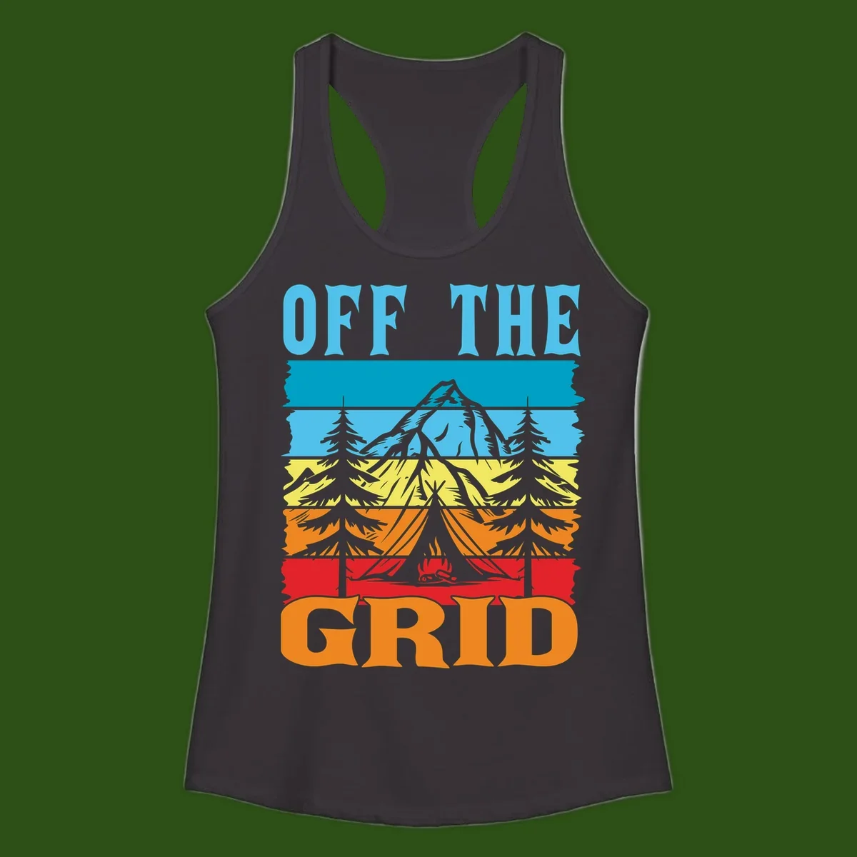 Colorful layered landscape illustration with tree, mountain, campfire, and roots design for off the grid camping shirt