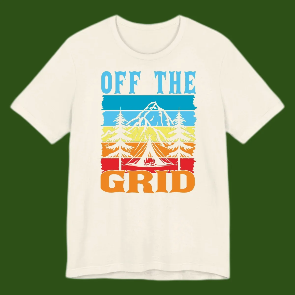 Colorful layered landscape illustration with tree, mountain, campfire, and roots design for off the grid camping shirt