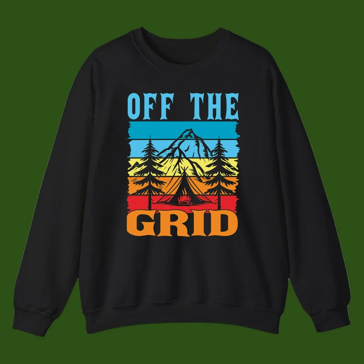 Colorful layered landscape illustration with tree, mountain, campfire, and roots design for off the grid camping shirt