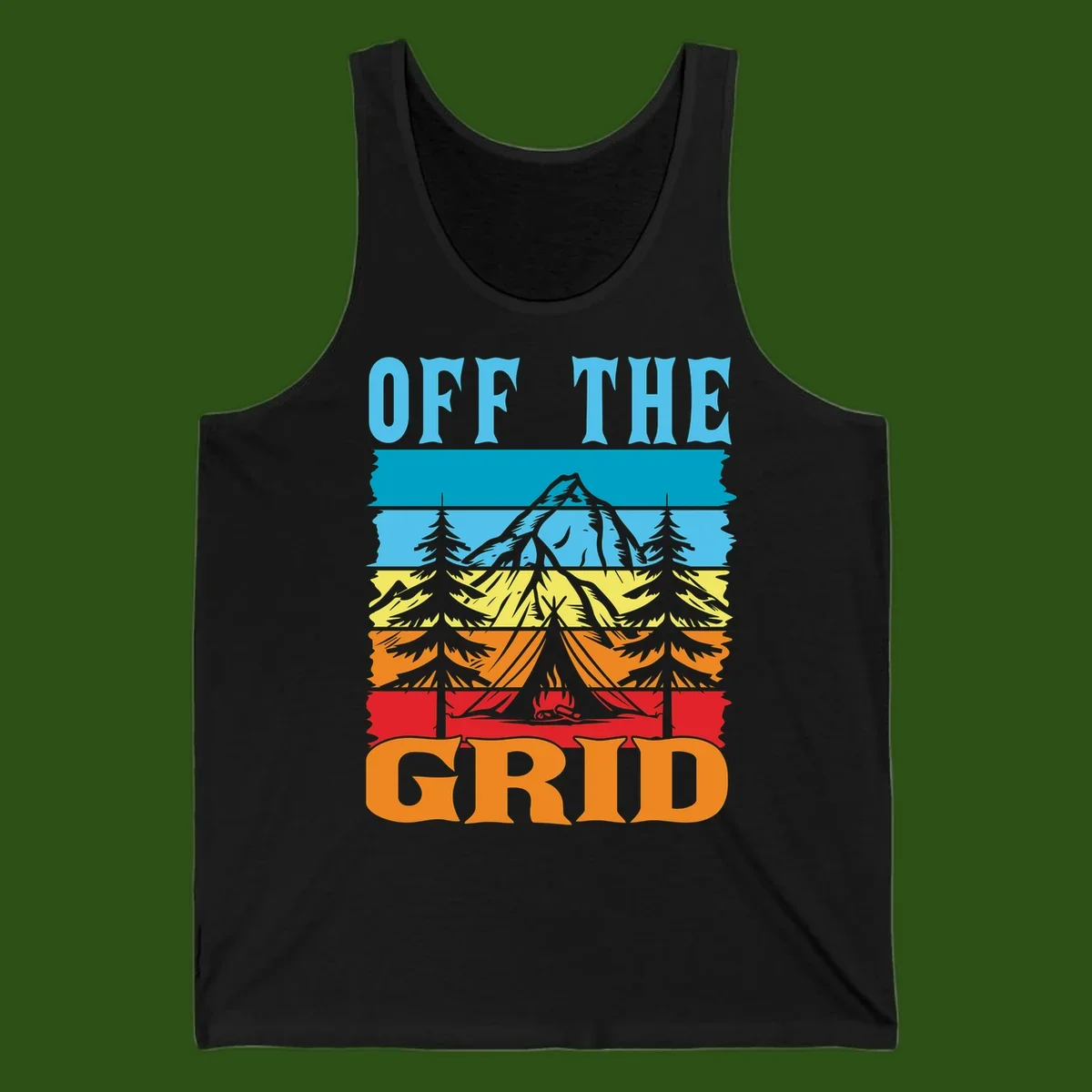 Colorful layered landscape illustration with tree, mountain, campfire, and roots design for off the grid camping shirt