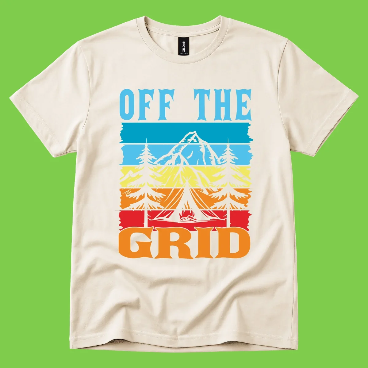 Colorful layered landscape illustration with tree, mountain, campfire, and roots design for off the grid camping shirt