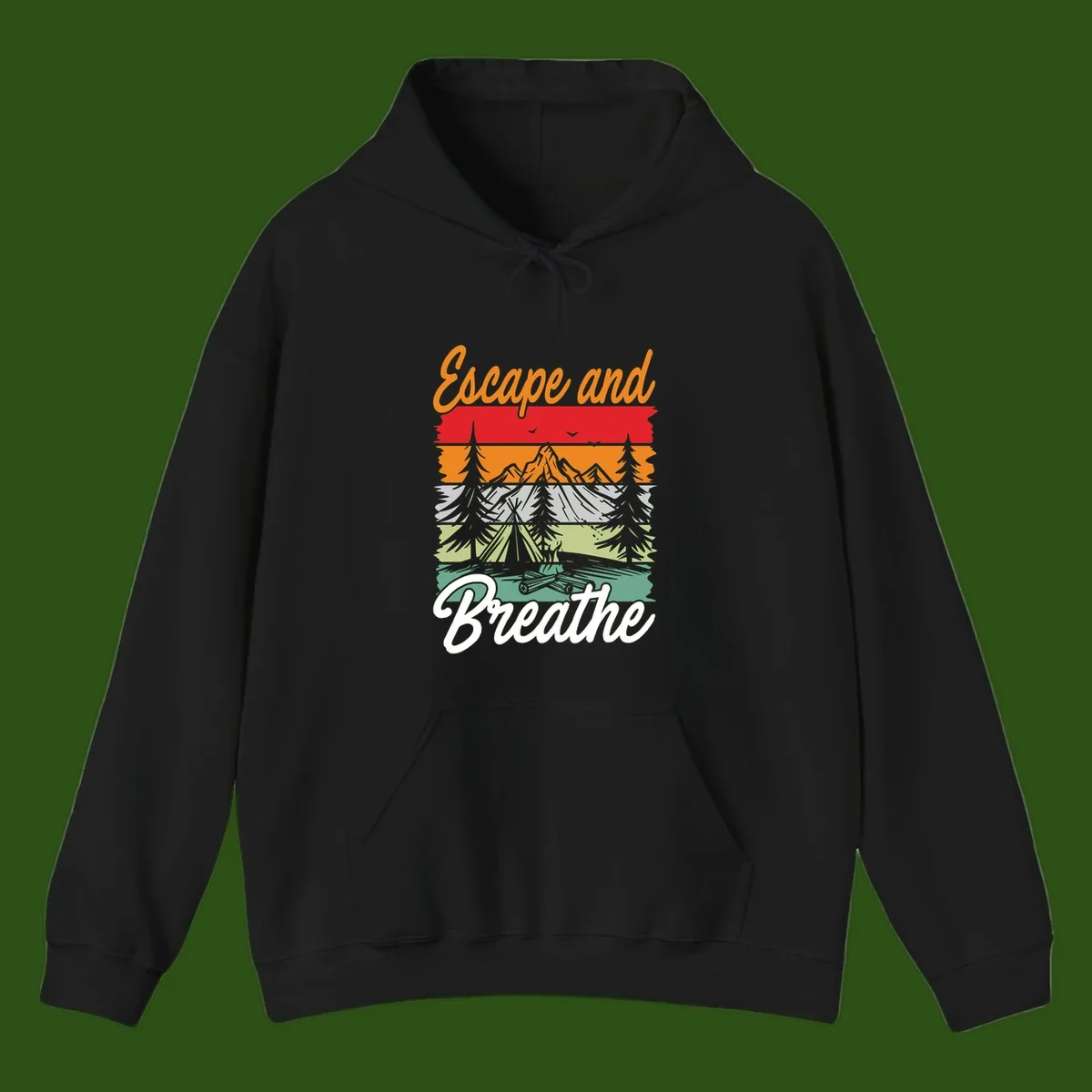 Escape and breathe camping design with layered wilderness landscape featuring mountains, forests, and timber silhouettes in horizontal color bands.