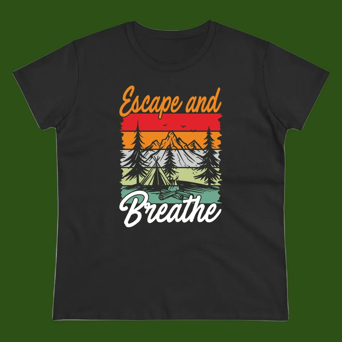 Escape and breathe camping design with layered wilderness landscape featuring mountains, forests, and timber silhouettes in horizontal color bands.
