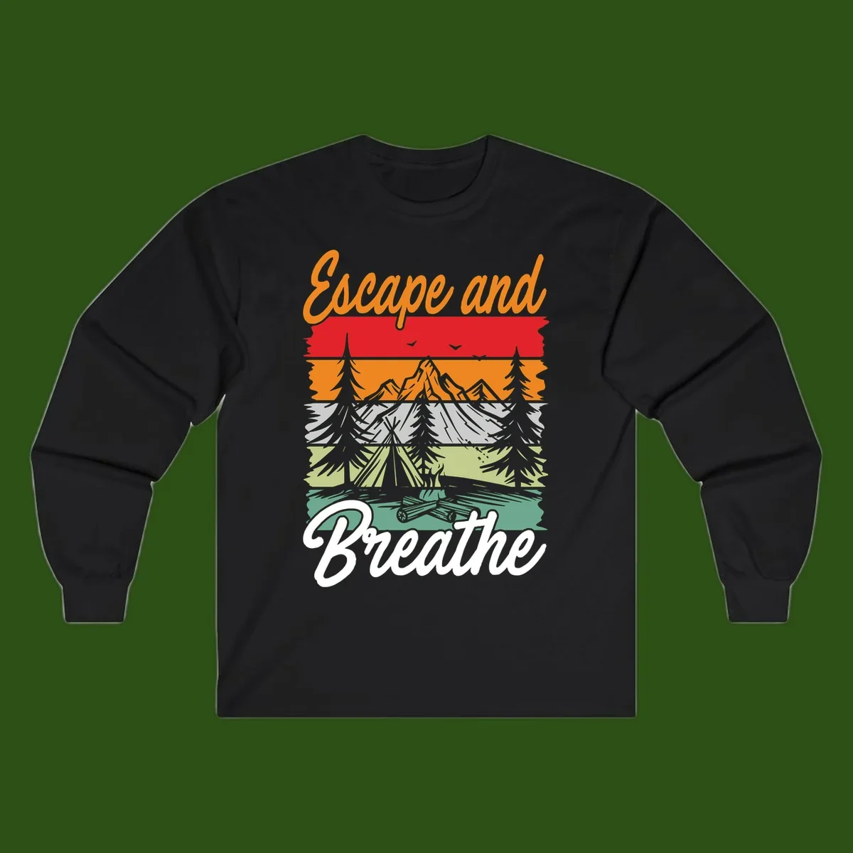 Escape and breathe camping design with layered wilderness landscape featuring mountains, forests, and timber silhouettes in horizontal color bands.