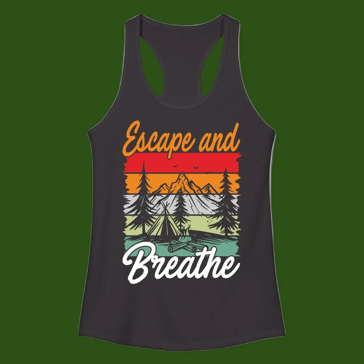 Escape and breathe camping design with layered wilderness landscape featuring mountains, forests, and timber silhouettes in horizontal color bands.
