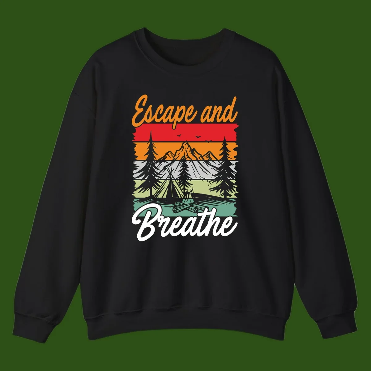 Escape and breathe camping design with layered wilderness landscape featuring mountains, forests, and timber silhouettes in horizontal color bands.