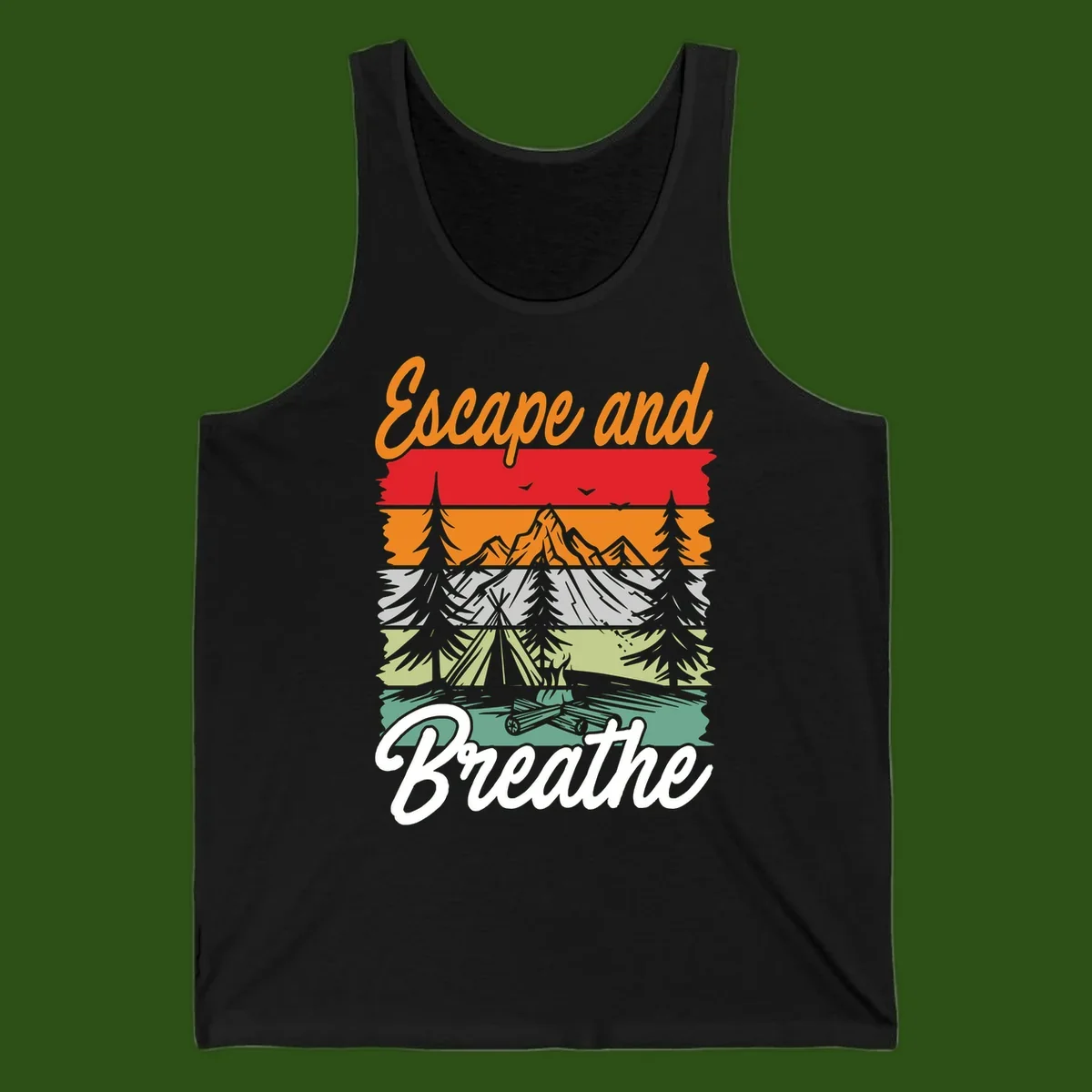 Escape and breathe camping design with layered wilderness landscape featuring mountains, forests, and timber silhouettes in horizontal color bands.