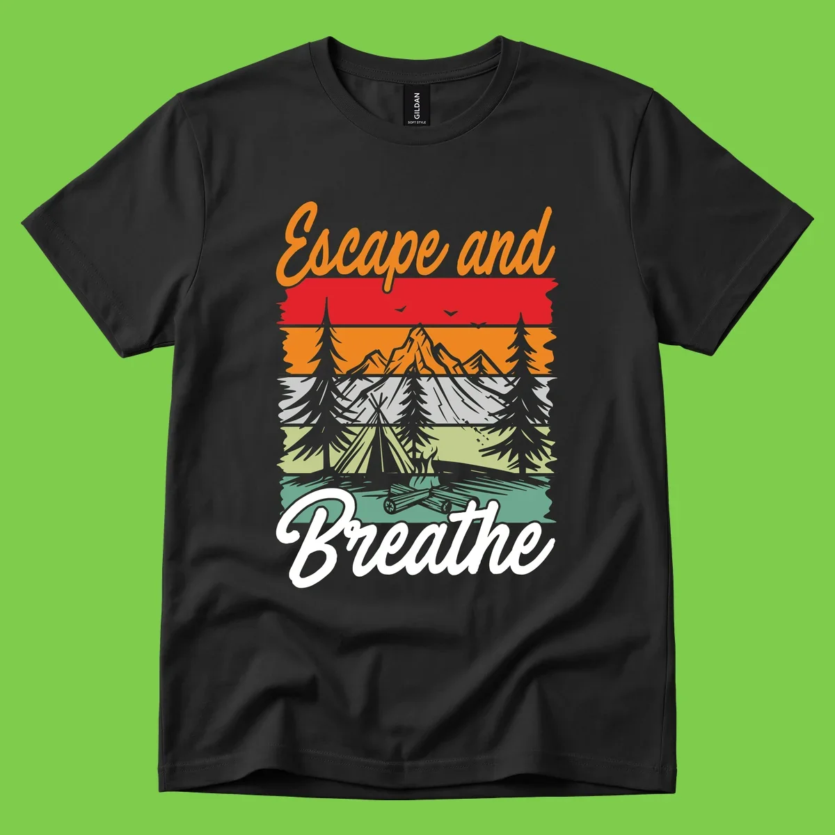 Escape and breathe camping design with layered wilderness landscape featuring mountains, forests, and timber silhouettes in horizontal color bands.