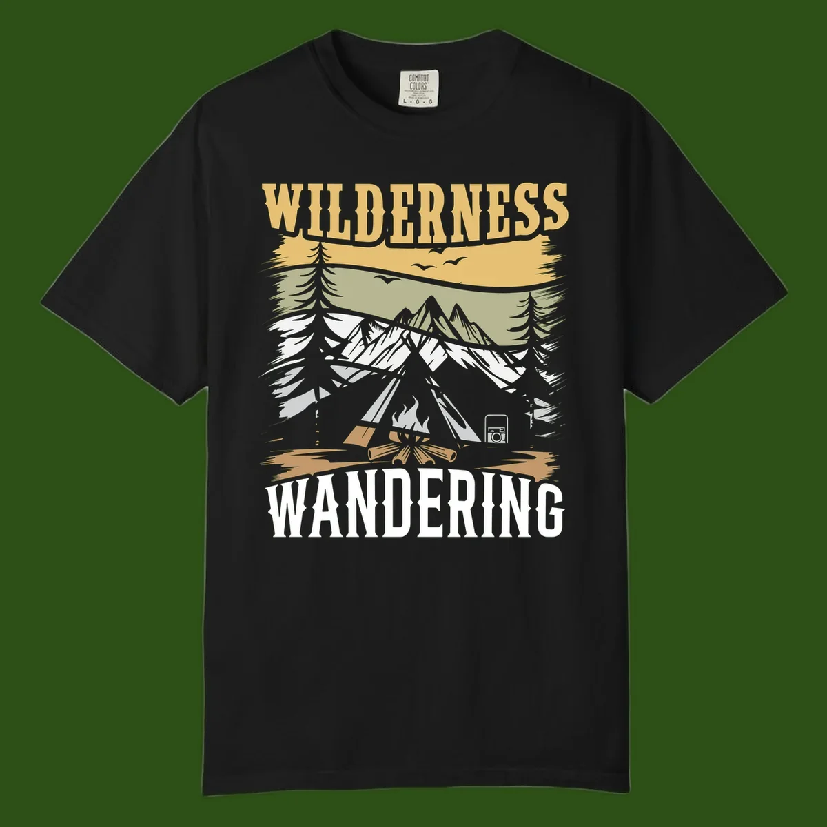 Vintage wilderness wandering design featuring snow mountains, tent, campfire, and evergreen trees with layered landscape bands