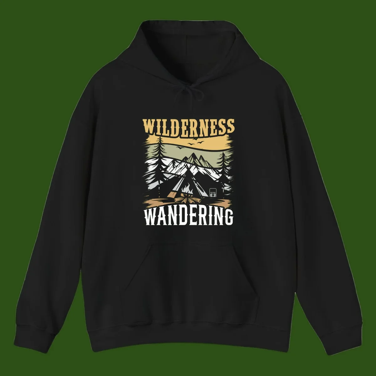 Vintage wilderness wandering design featuring snow mountains, tent, campfire, and evergreen trees with layered landscape bands