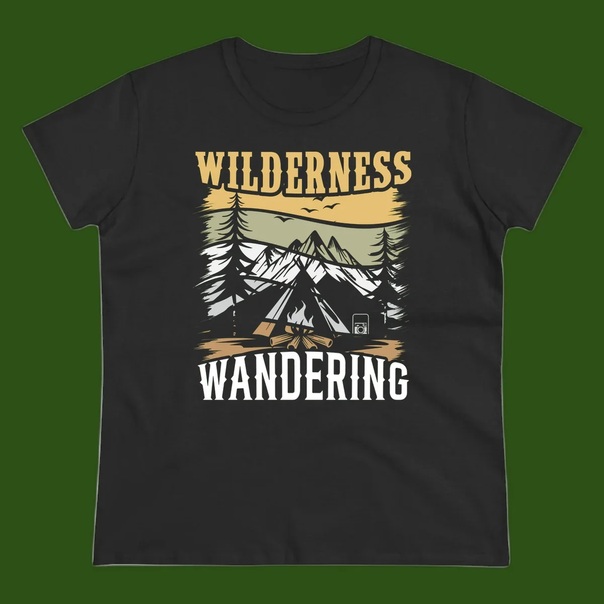 Vintage wilderness wandering design featuring snow mountains, tent, campfire, and evergreen trees with layered landscape bands