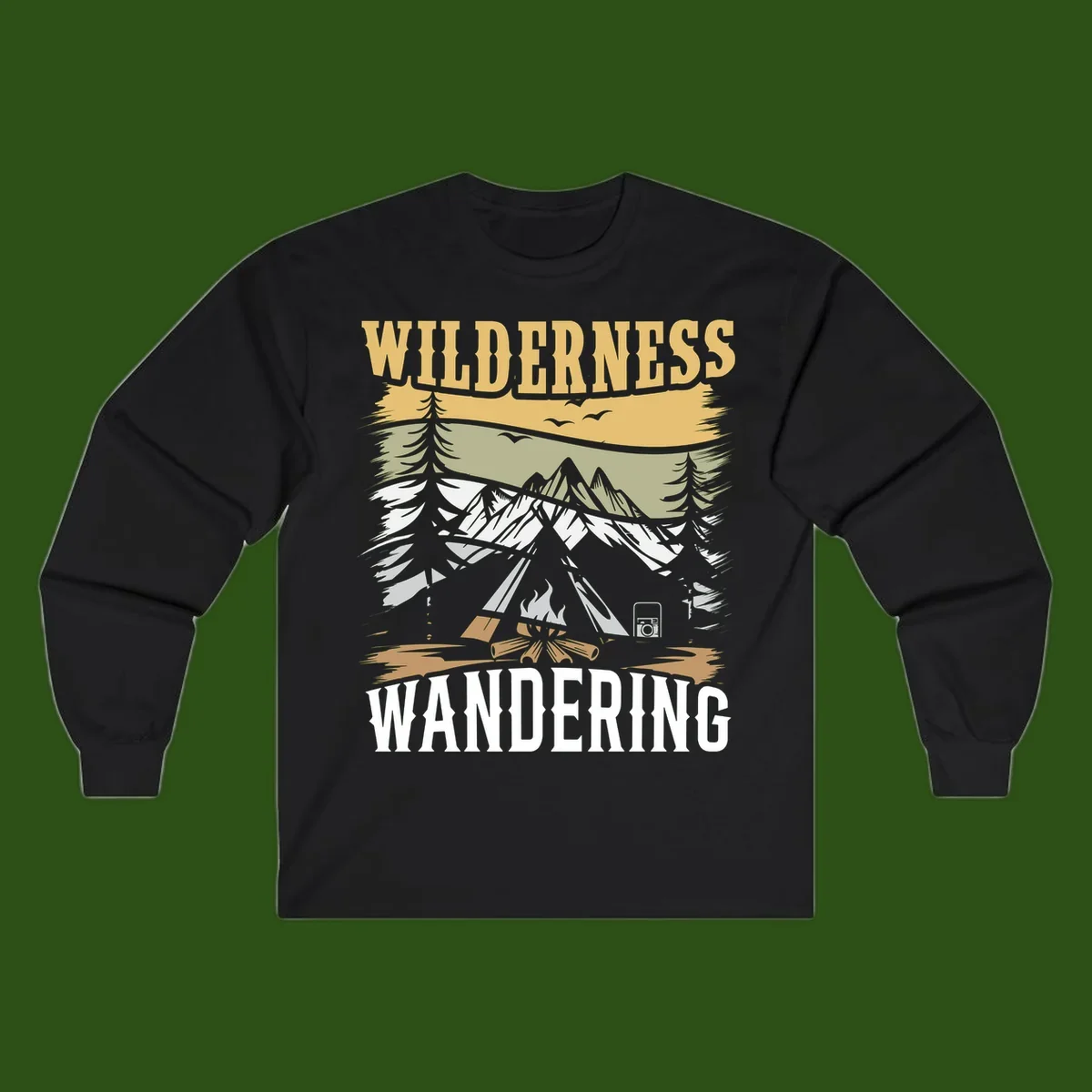 Vintage wilderness wandering design featuring snow mountains, tent, campfire, and evergreen trees with layered landscape bands