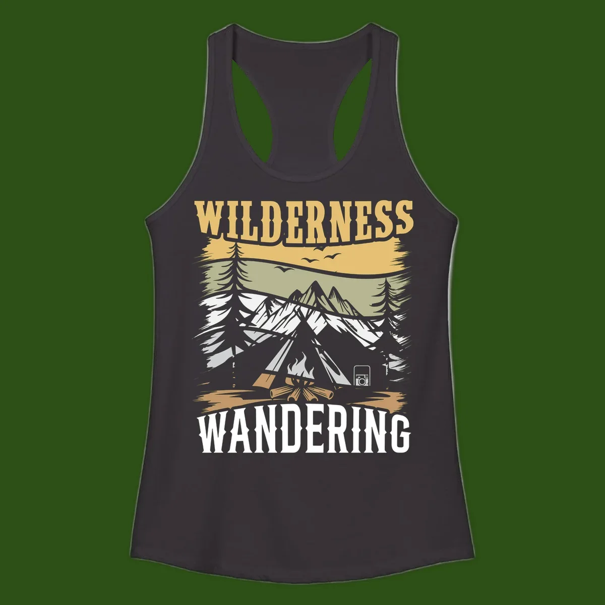 Vintage wilderness wandering design featuring snow mountains, tent, campfire, and evergreen trees with layered landscape bands